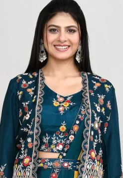 Embroidered Chinon Chiffon Crop Top Set in Teal Blue