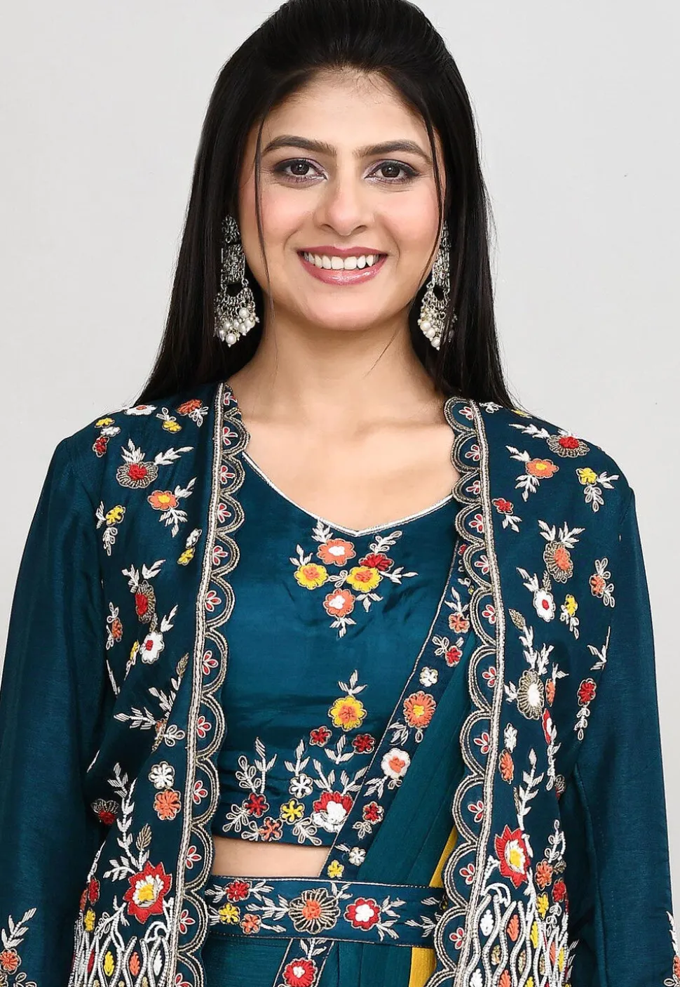 Embroidered Chinon Chiffon Crop Top Set in Teal Blue