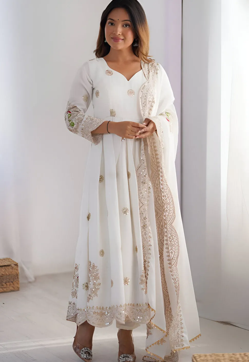 Embroidered Chinon Chiffon A Line Suit in Off White