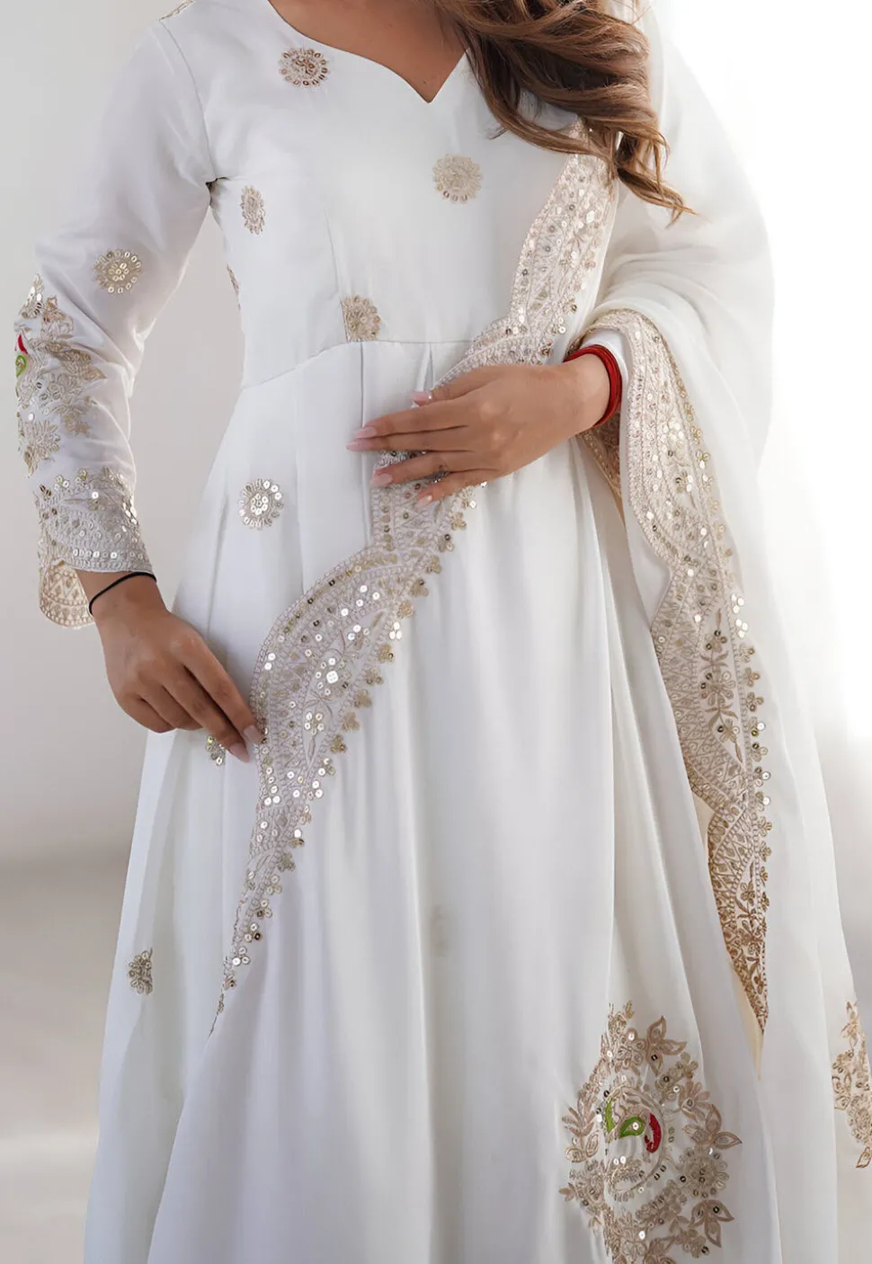 Embroidered Chinon Chiffon A Line Suit in Off White