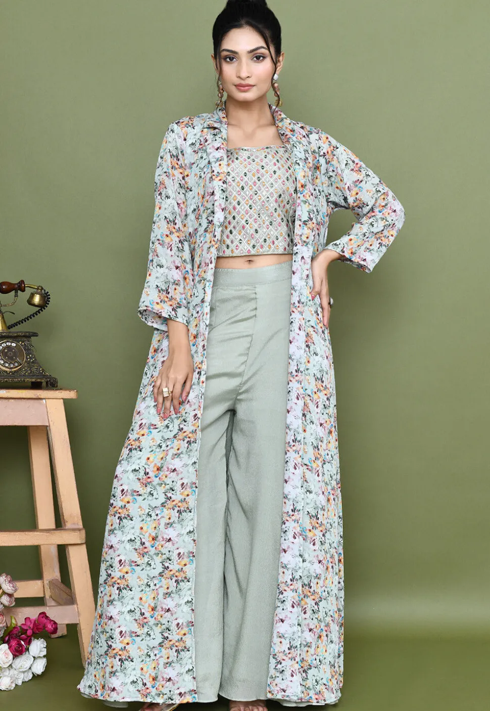 Embroidered Chinon Chiffon Crop Top Set in Dusty Green