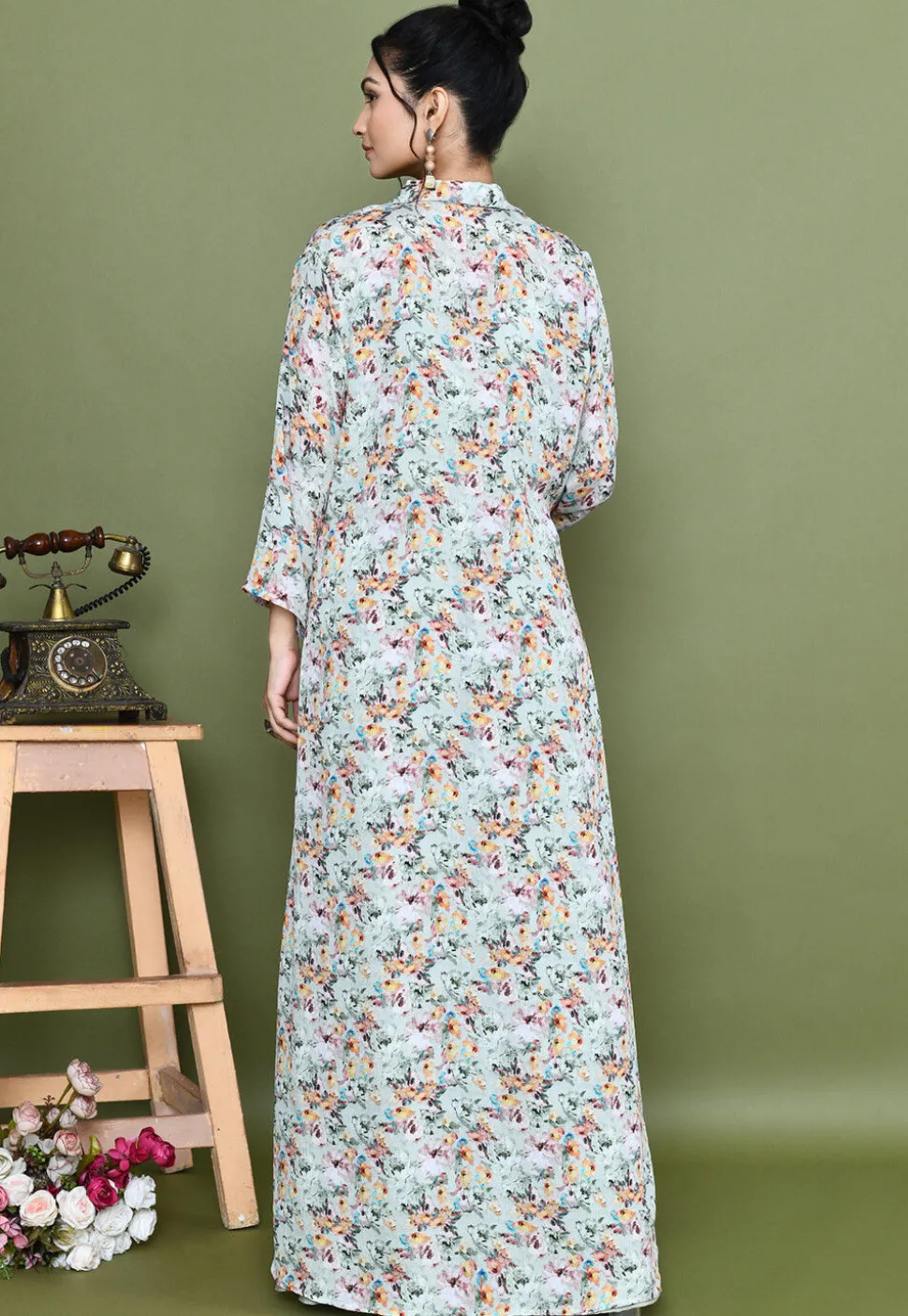 Embroidered Chinon Chiffon Crop Top Set in Dusty Green