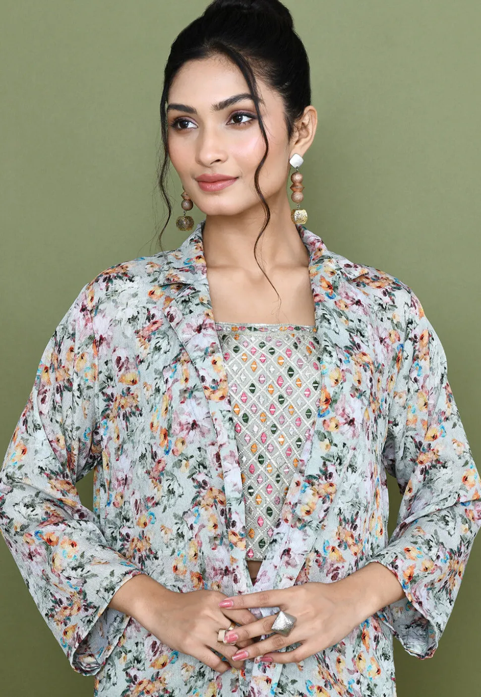 Embroidered Chinon Chiffon Crop Top Set in Dusty Green