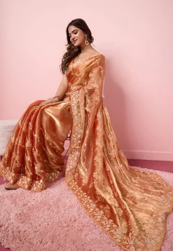 Embroidered Chinon Chiffon Scalloped Saree in Orange