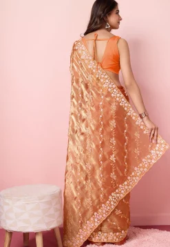 Embroidered Chinon Chiffon Scalloped Saree in Orange