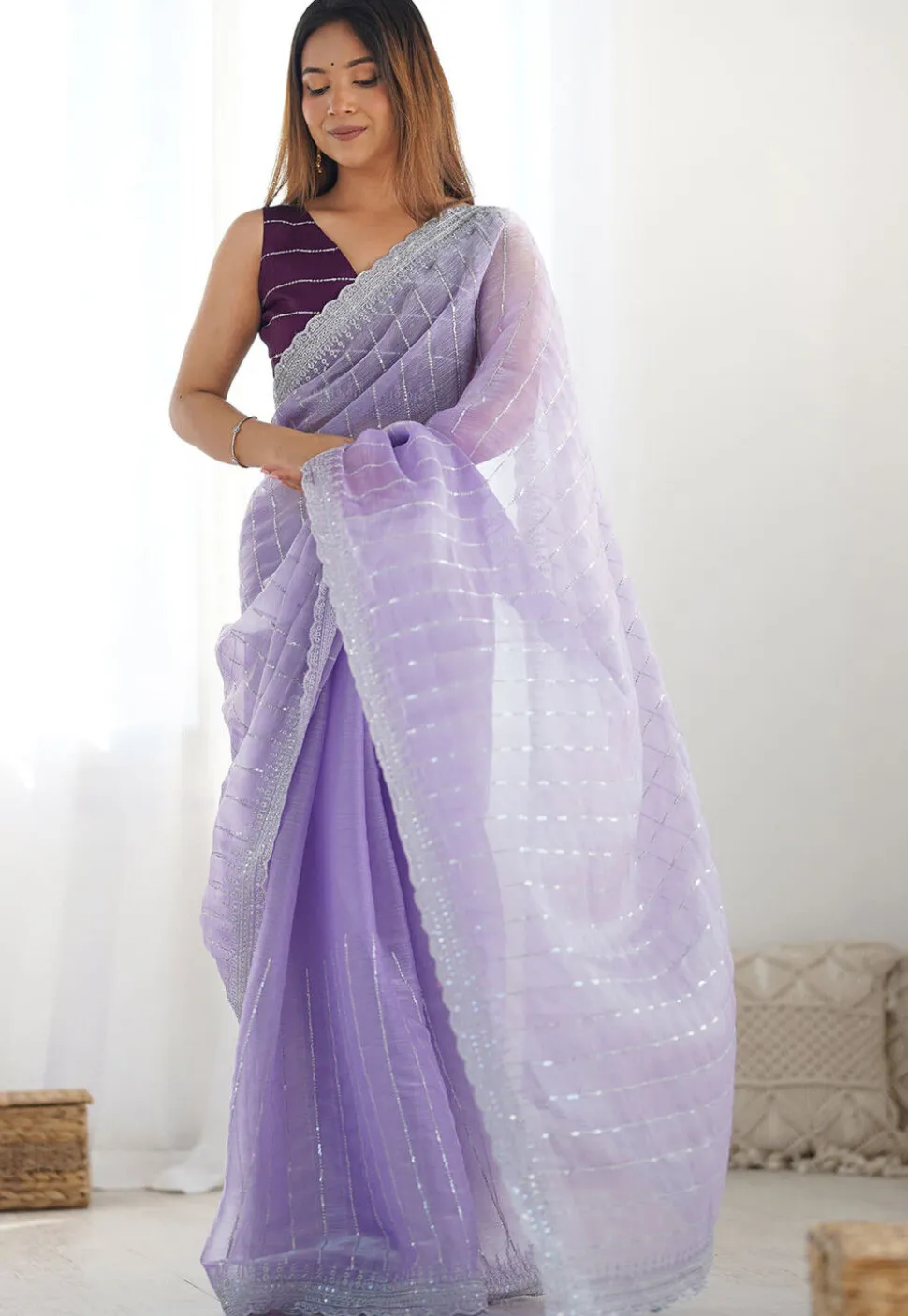 Embroidered Chinon Chiffon Scalloped Saree in Purple
