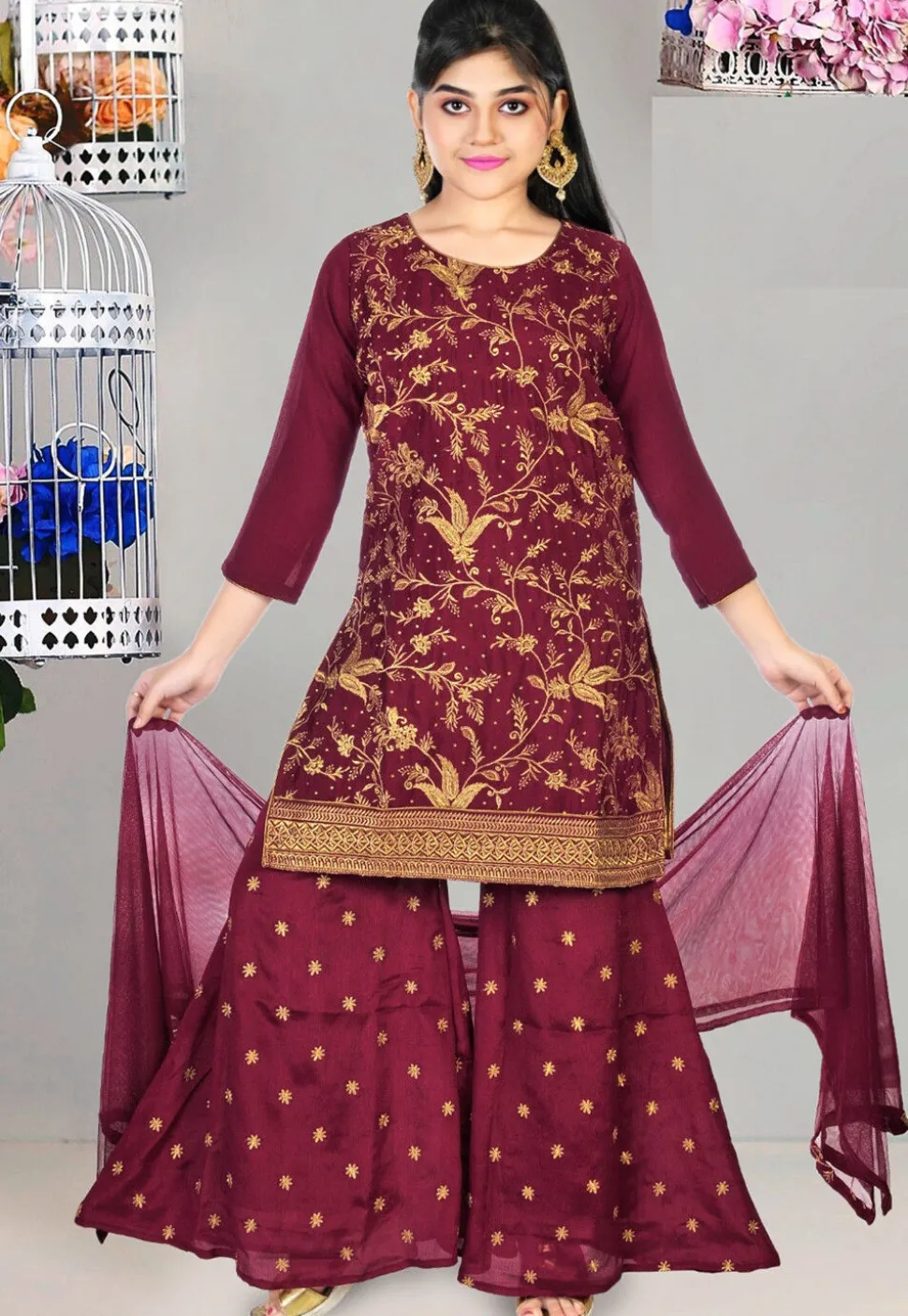 Embroidered Chinon Chiffon Pakistani Suit in Wine