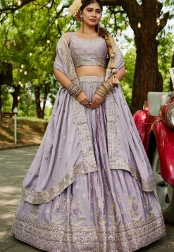 Embroidered Chinon Chiffon Lehenga in Purple