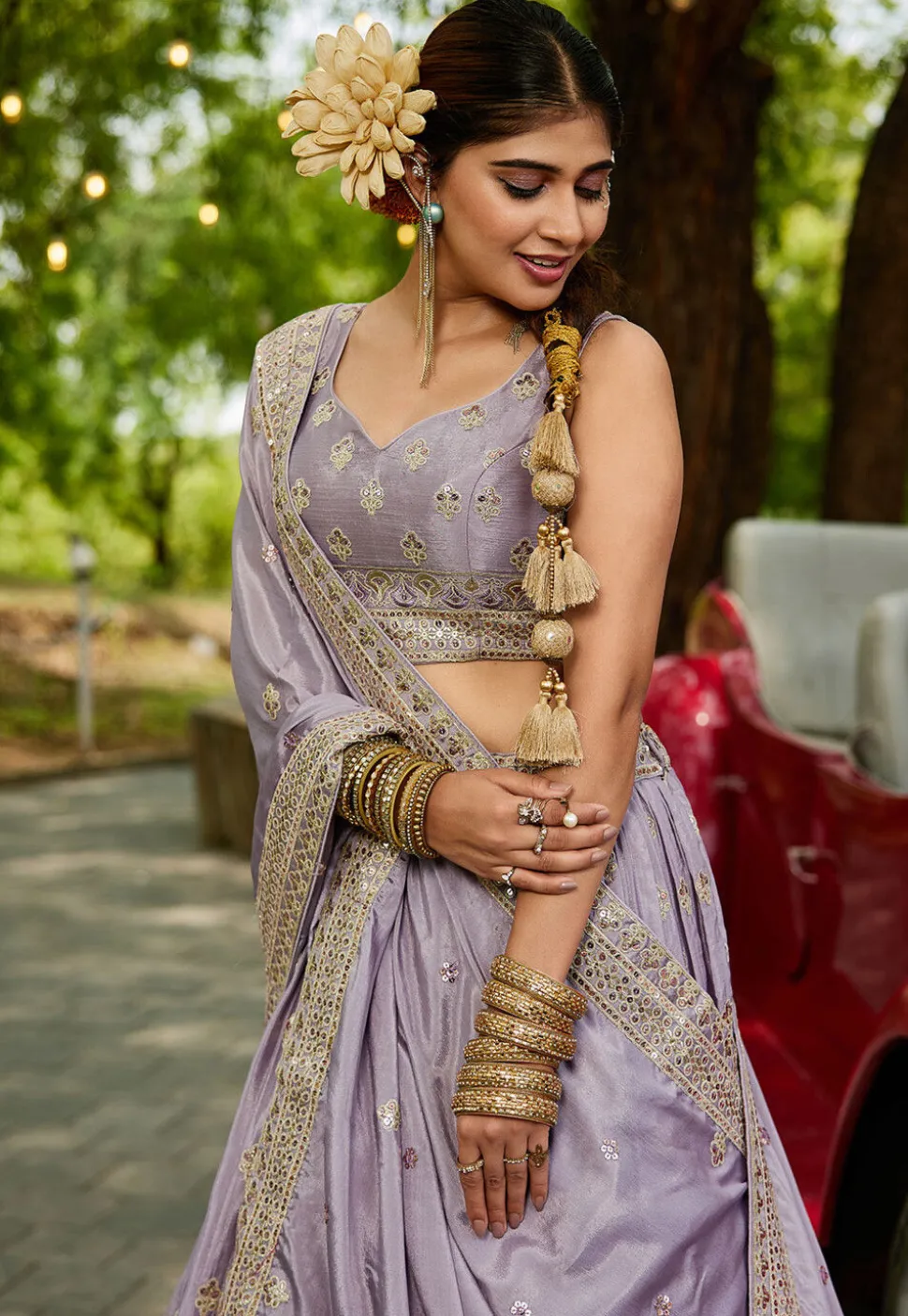 Embroidered Chinon Chiffon Lehenga in Purple