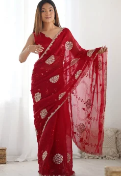 Embroidered Chinon Chiffon Scalloped Saree in Red