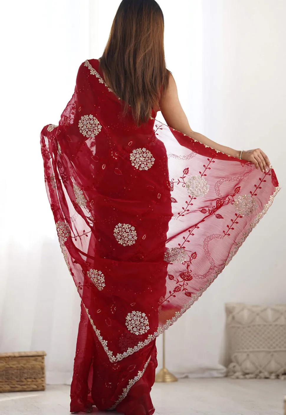 Embroidered Chinon Chiffon Scalloped Saree in Red