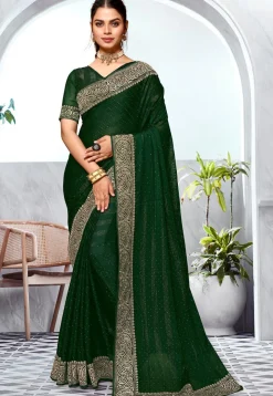 Embroidered Chinon Chiffon Saree in Dark Green