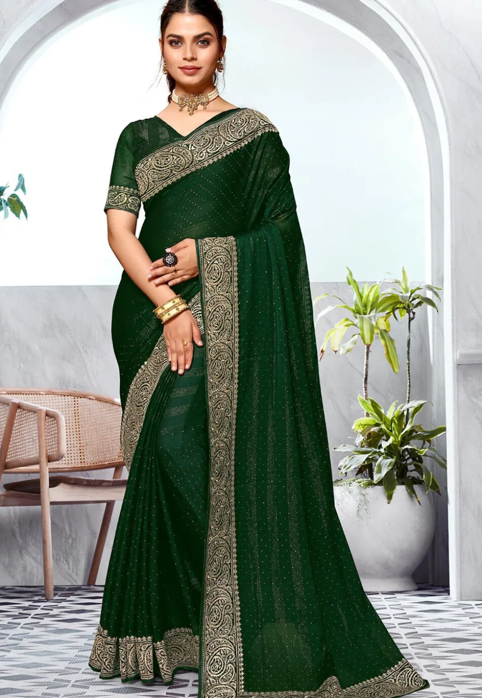 Embroidered Chinon Chiffon Saree in Dark Green