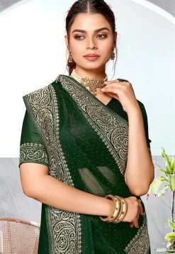 Embroidered Chinon Chiffon Saree in Dark Green