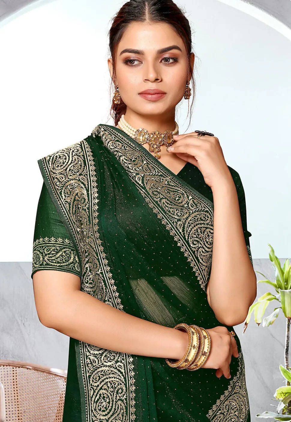 Embroidered Chinon Chiffon Saree in Dark Green