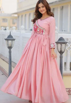 Embroidered  Chinon Chiffon Gown in Pink