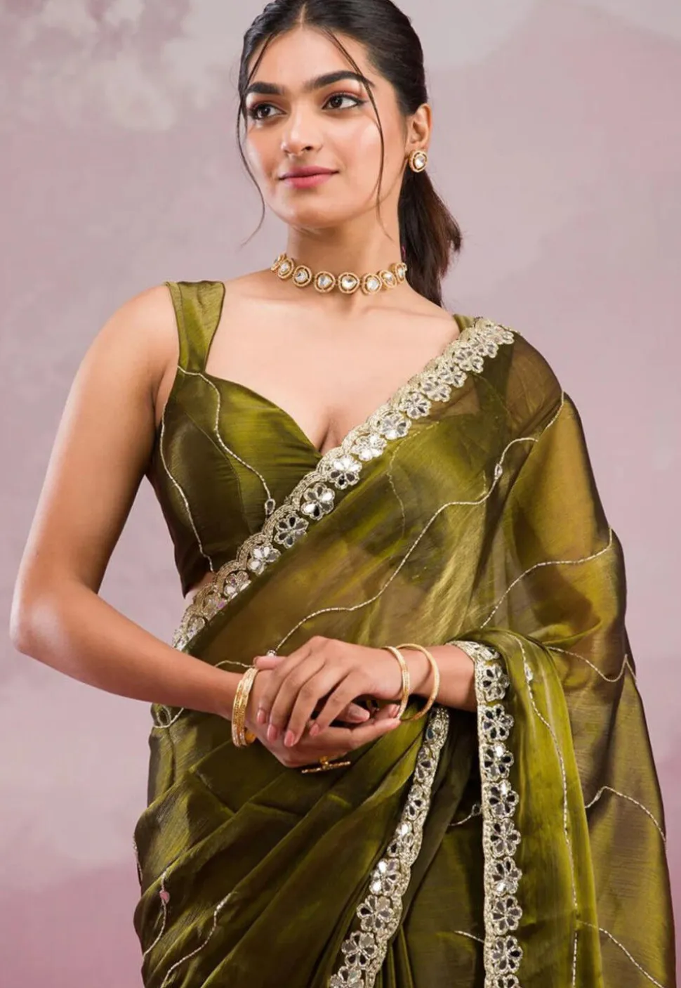Embroidered Chinon Chiffon Scalloped Saree in Olive Green