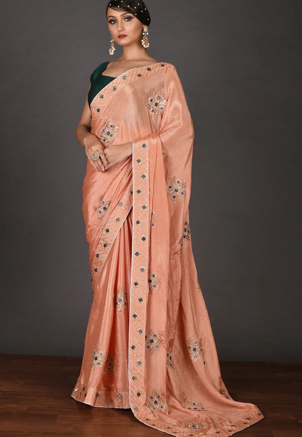 Embroidered Chinon Chiffon Saree in Peach