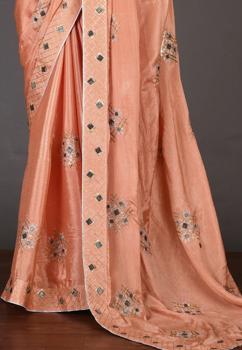 Embroidered Chinon Chiffon Saree in Peach
