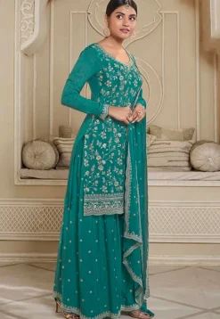 Embroidered Chinon Chiffon Pakistani Suit in Teal Green