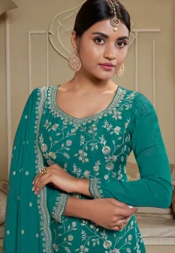 Embroidered Chinon Chiffon Pakistani Suit in Teal Green