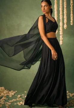 Embroidered Chinon Chiffon Crop Top Set in Black