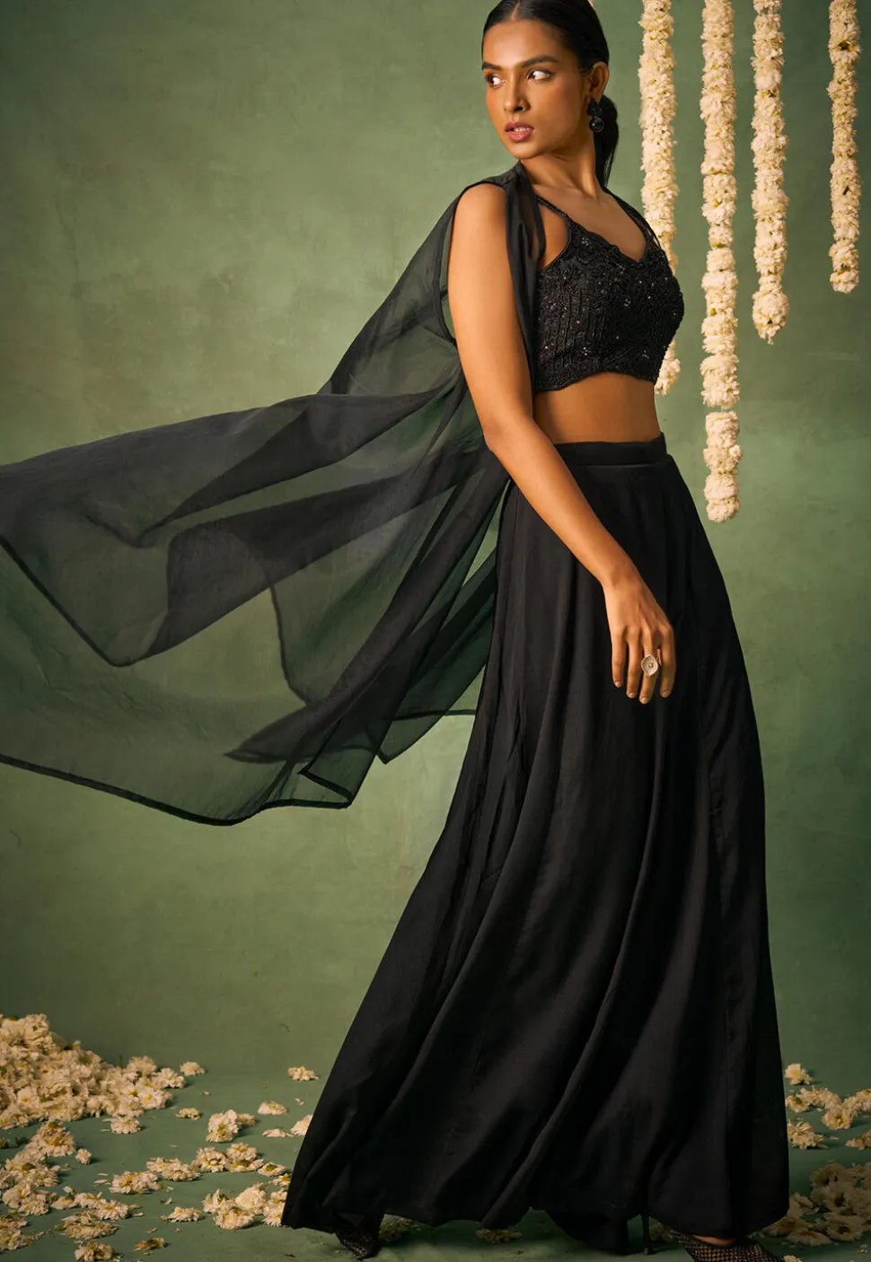 Embroidered Chinon Chiffon Crop Top Set in Black