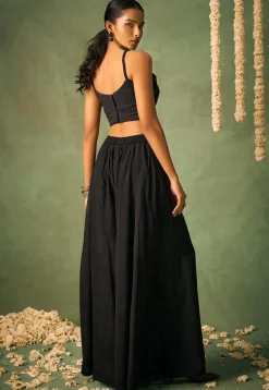 Embroidered Chinon Chiffon Crop Top Set in Black