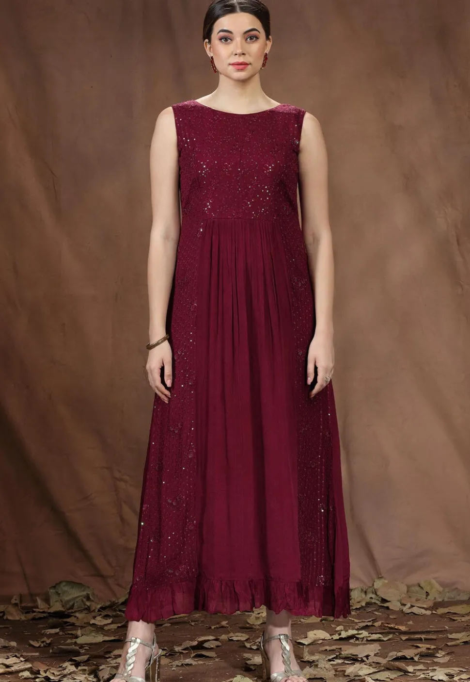 Embroidered Chinon Chiffon Long Tiered Dress in Wine