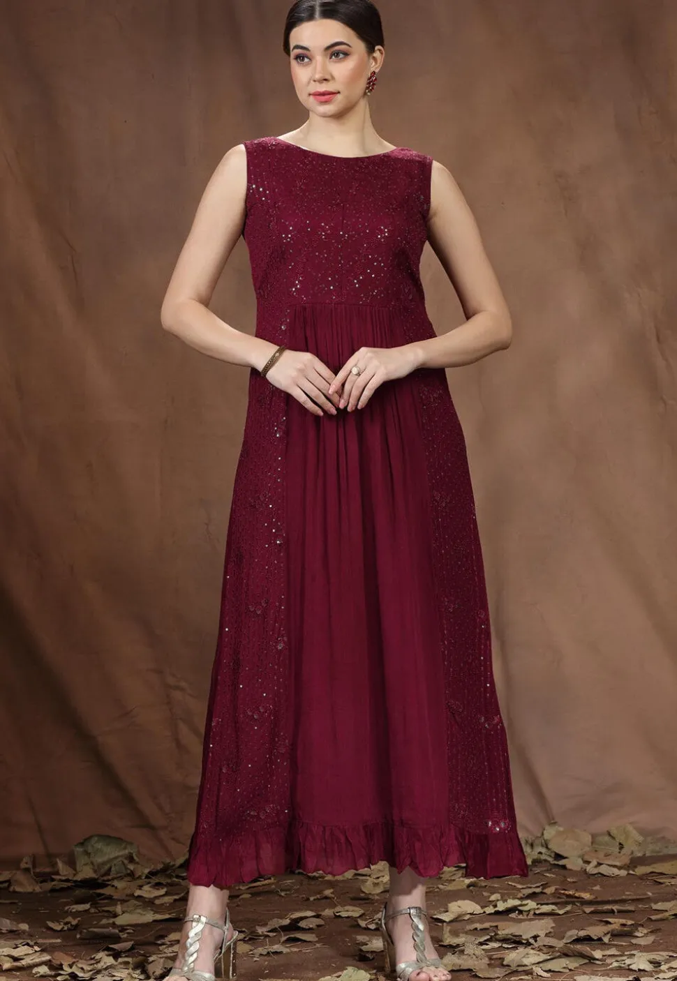 Embroidered Chinon Chiffon Long Tiered Dress in Wine