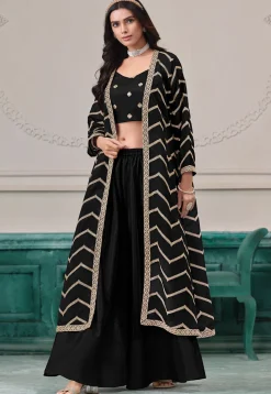Embroidered Chinon Chiffon Crop Top Set in Black