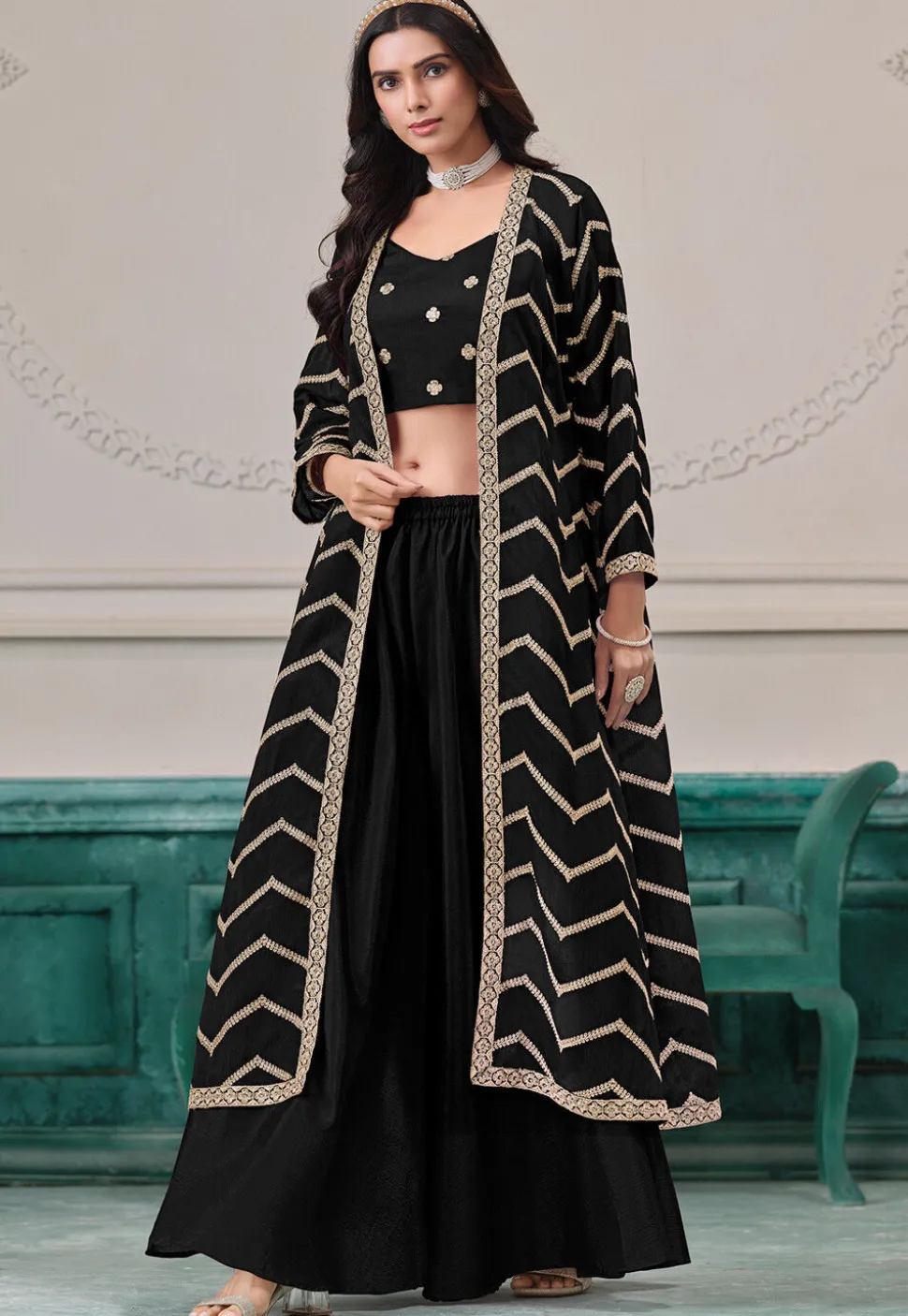 Embroidered Chinon Chiffon Crop Top Set in Black