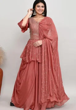 Embroidered Chinon Chiffon Asymmetric Tunic Set in Old Rose