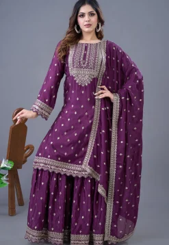 Embroidered Chinon Chiffon Scalloped Pakistani Suit in Purple