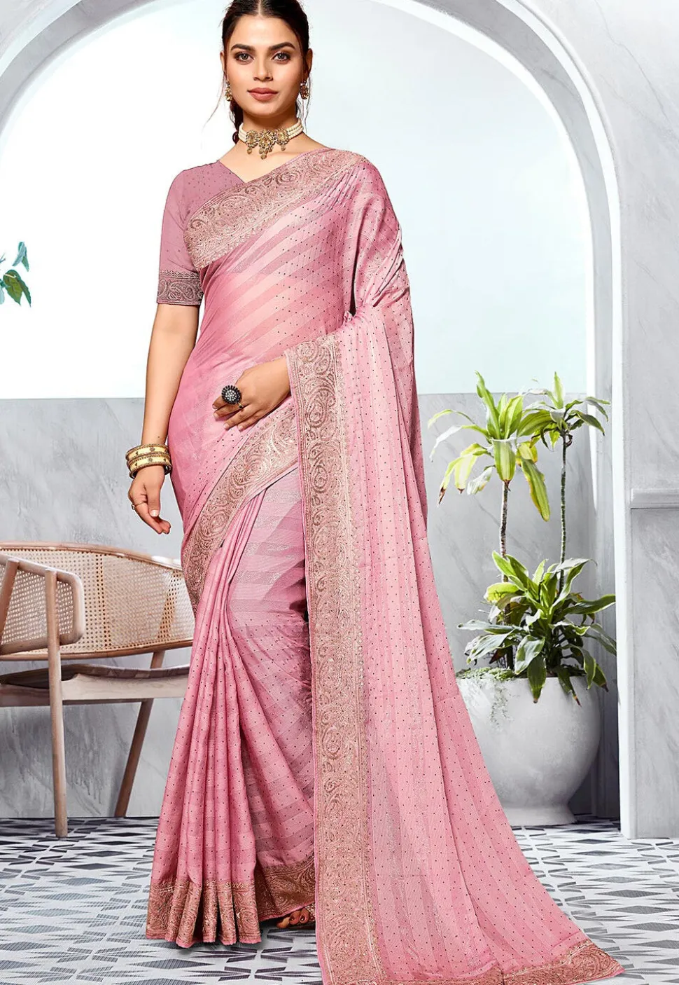 Embroidered Chinon Chiffon Saree in Pink