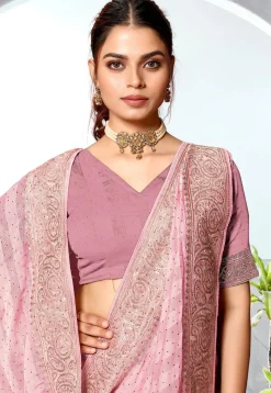 Embroidered Chinon Chiffon Saree in Pink