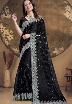 Embroidered Chinon Chiffon Scalloped Saree in Black