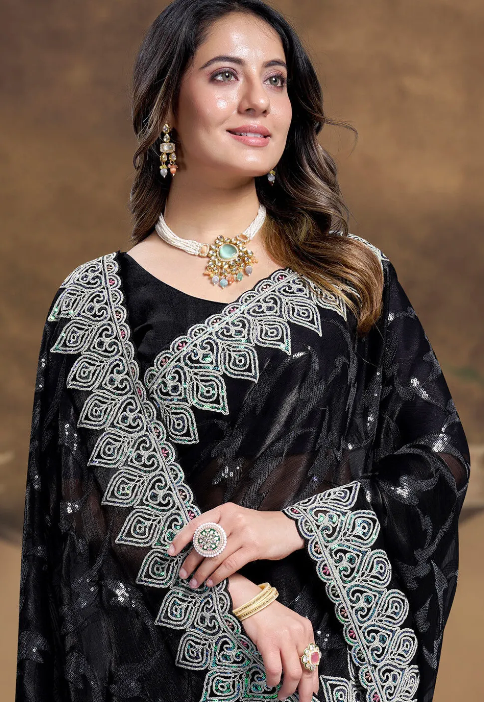 Embroidered Chinon Chiffon Scalloped Saree in Black