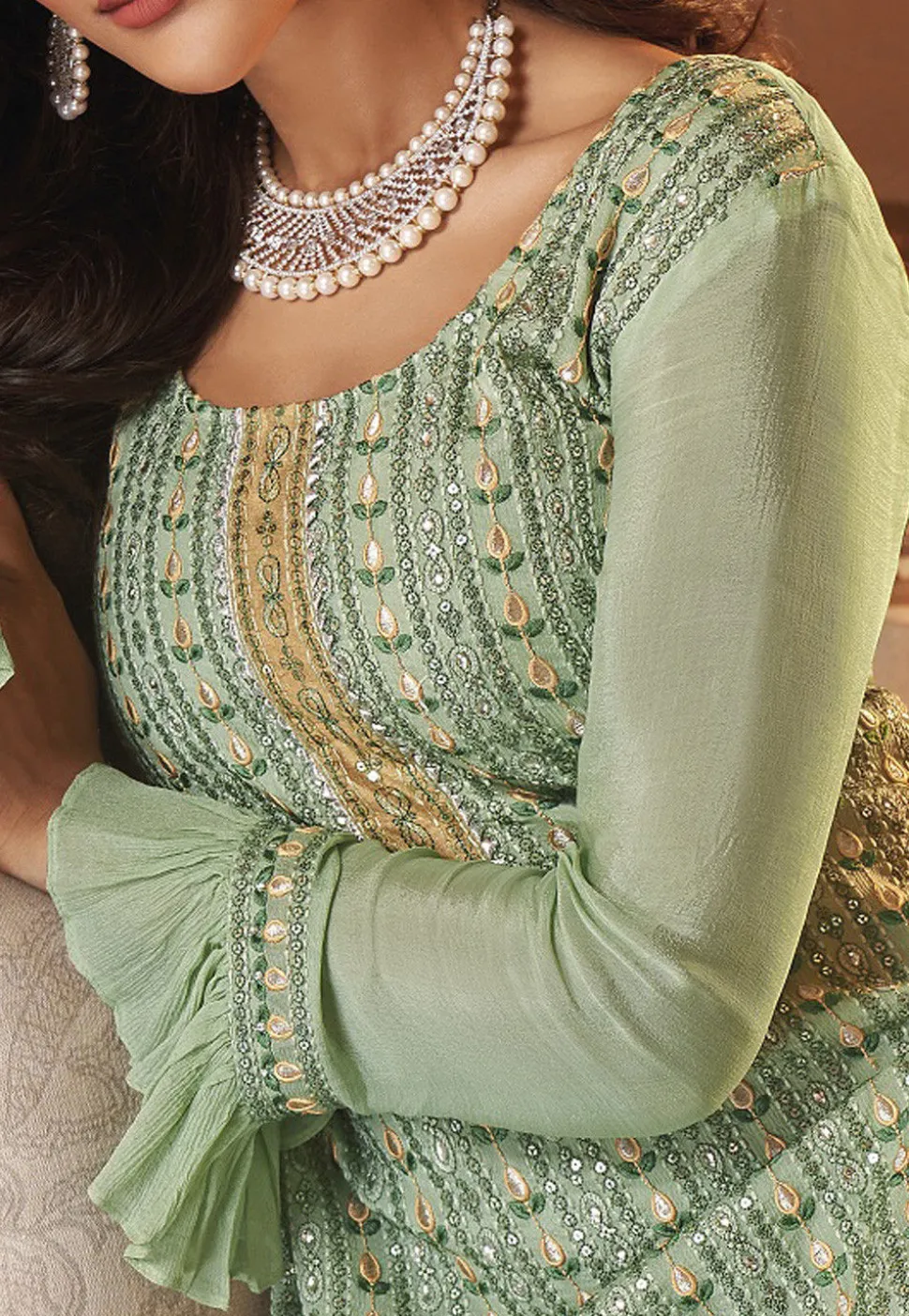 Embroidered Chinon Chiffon Pakistani Suit in Pastel Green