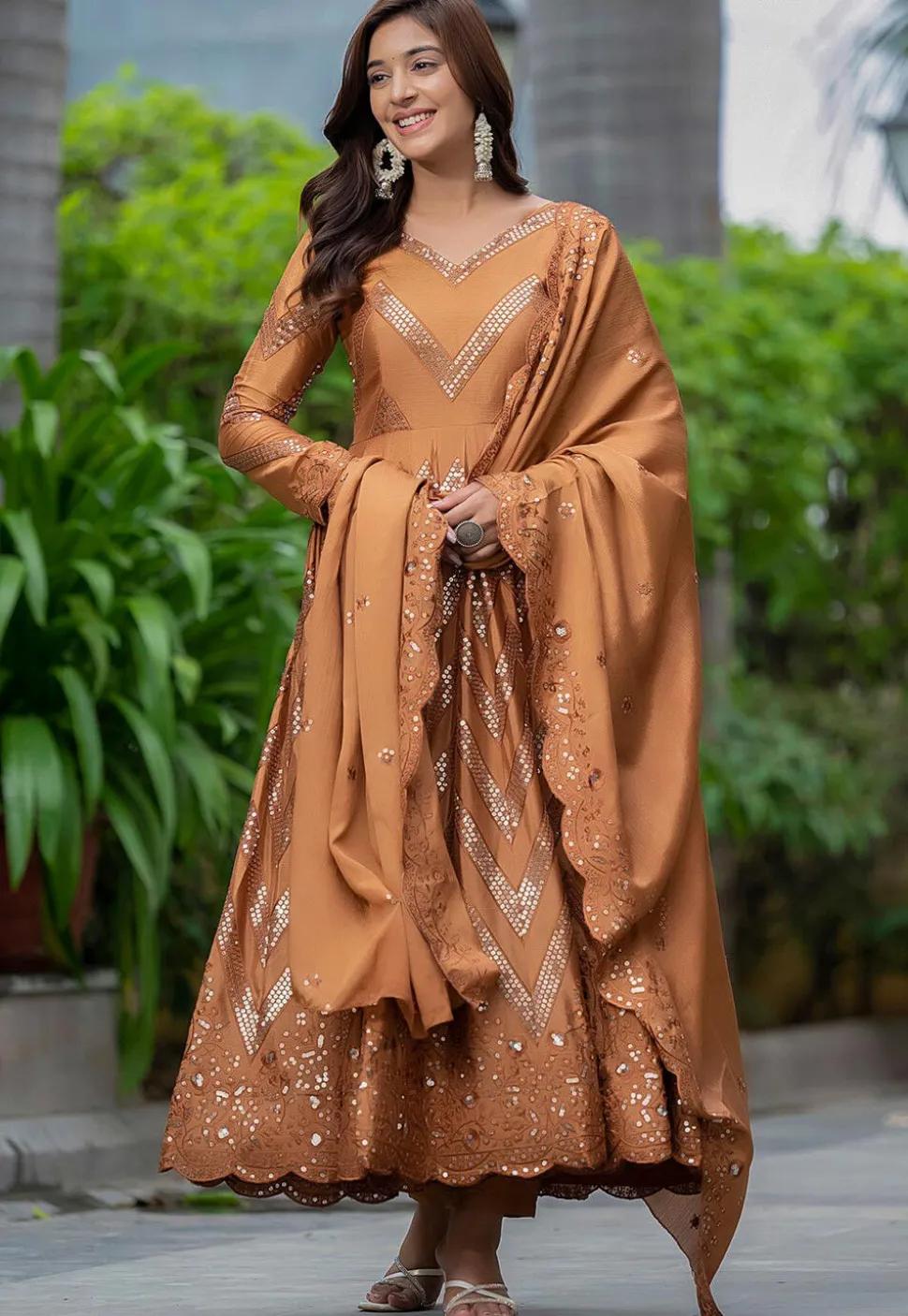 Embroidered Chinon Chiffon A Line Suit in Rust