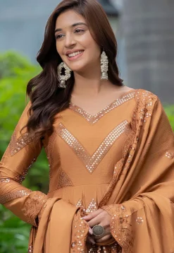 Embroidered Chinon Chiffon A Line Suit in Rust