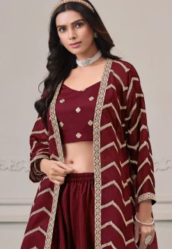 Embroidered Chinon Chiffon Crop Top Set in Maroon
