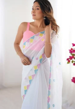 Embroidered Chinon Chiffon Scalloped Saree in Off White