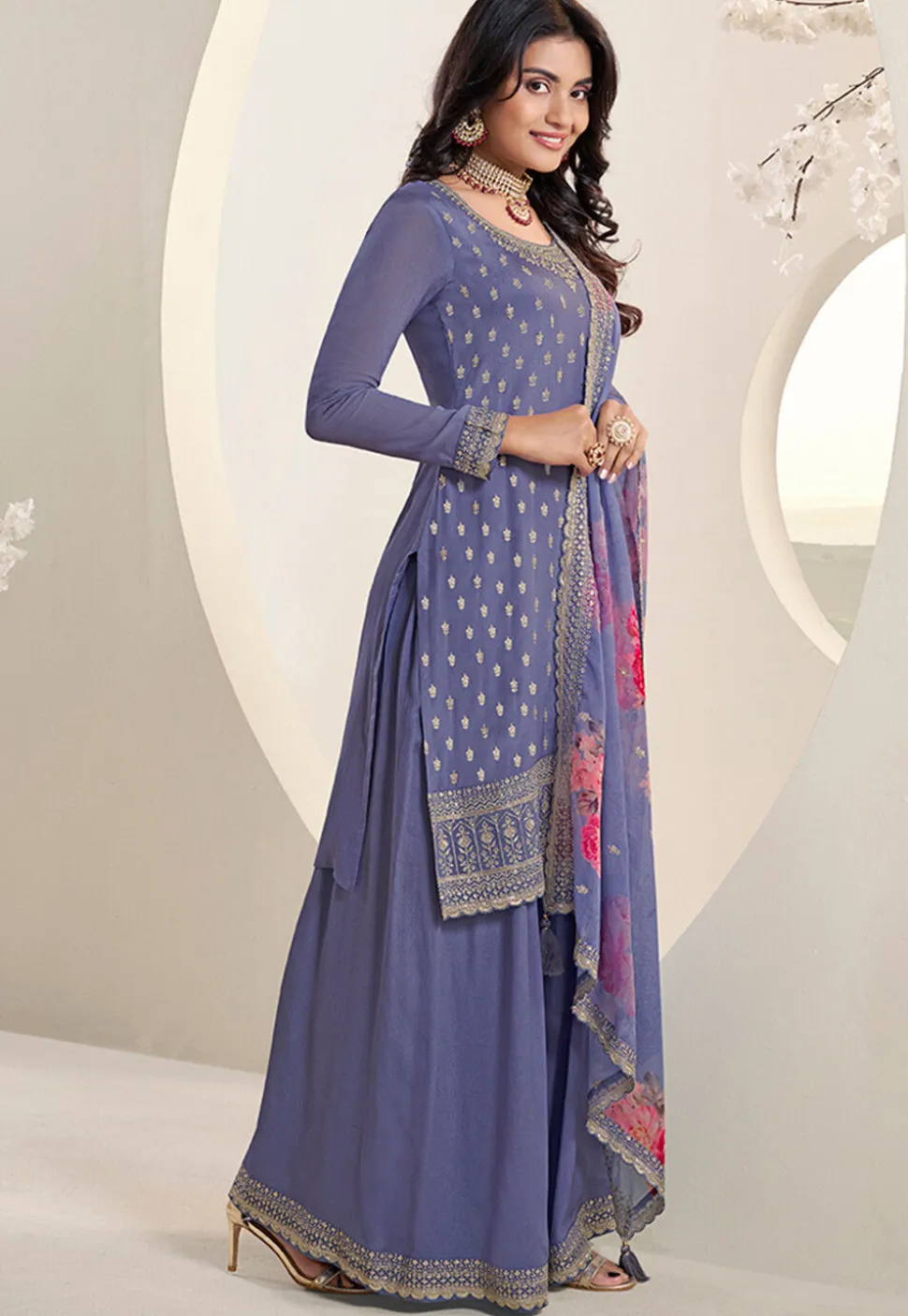 Embroidered Chinon Chiffon Pakistani Suit in Indigo Blue