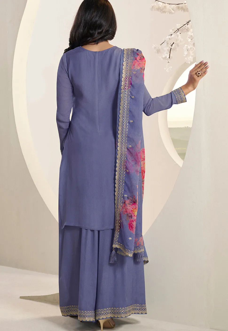 Embroidered Chinon Chiffon Pakistani Suit in Indigo Blue