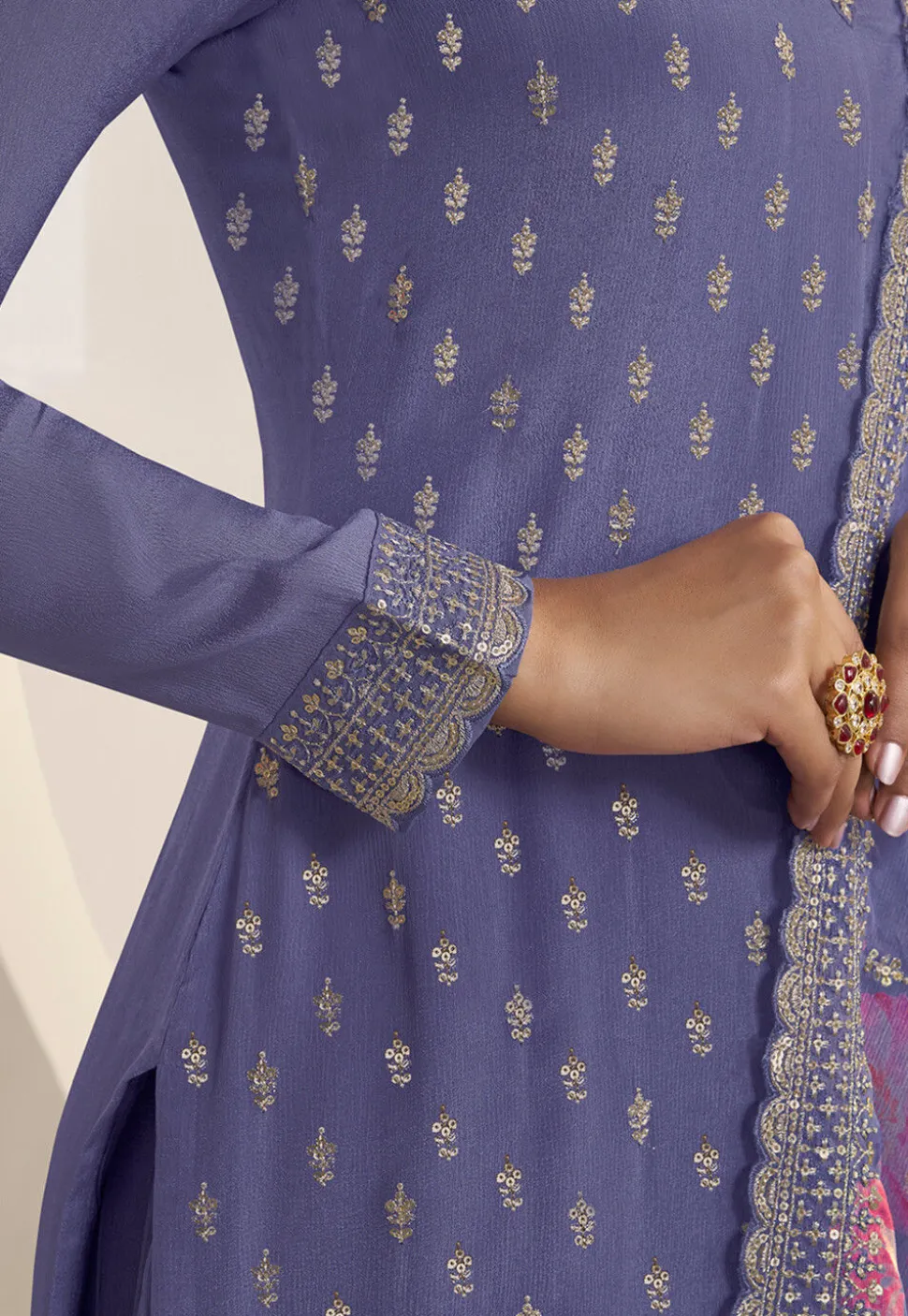Embroidered Chinon Chiffon Pakistani Suit in Indigo Blue
