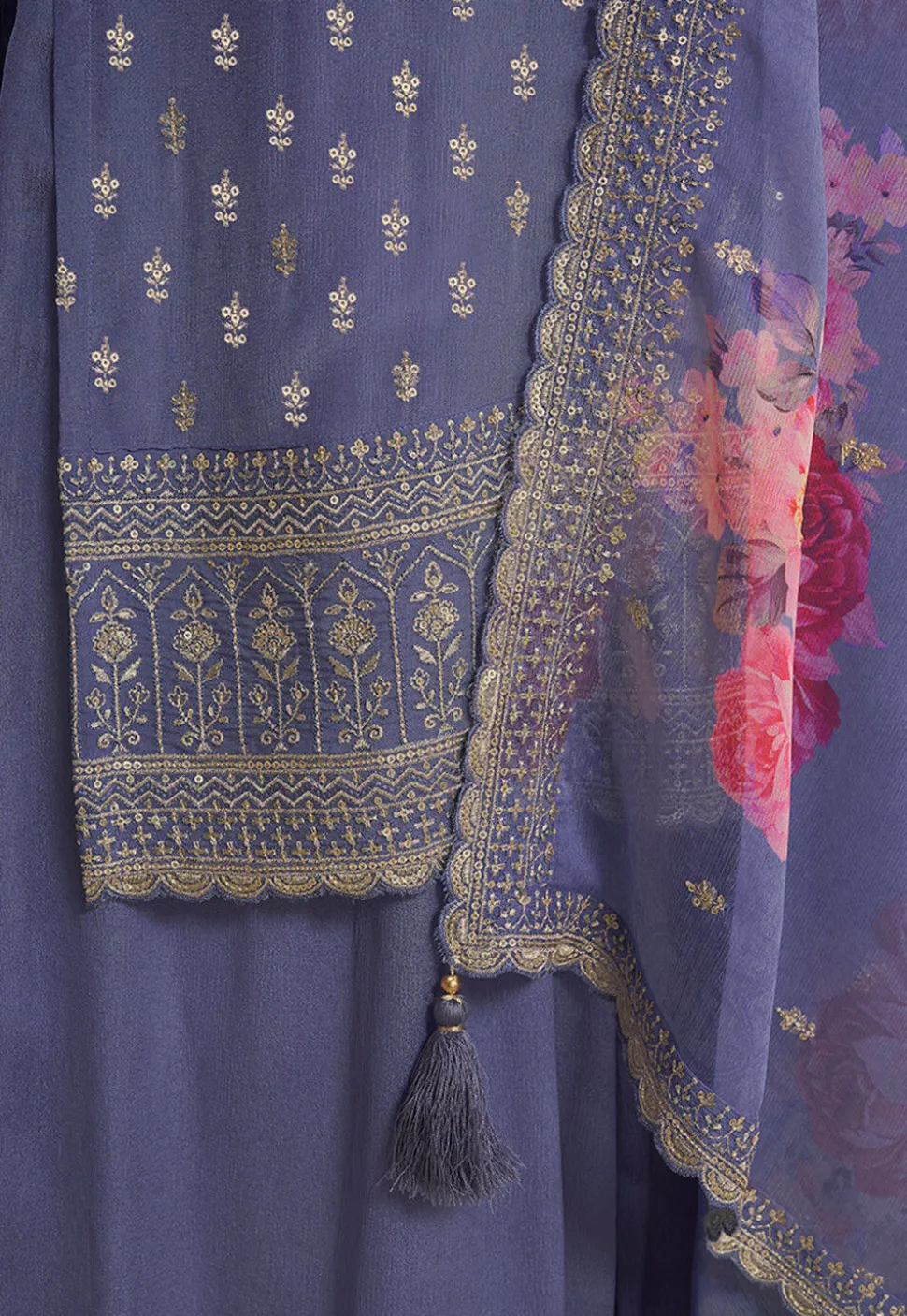 Embroidered Chinon Chiffon Pakistani Suit in Indigo Blue