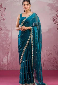 Embroidered Chinon Chiffon Scalloped Saree in Teal Blue