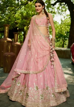 Embroidered Chinon Chiffon Lehenga in Pink