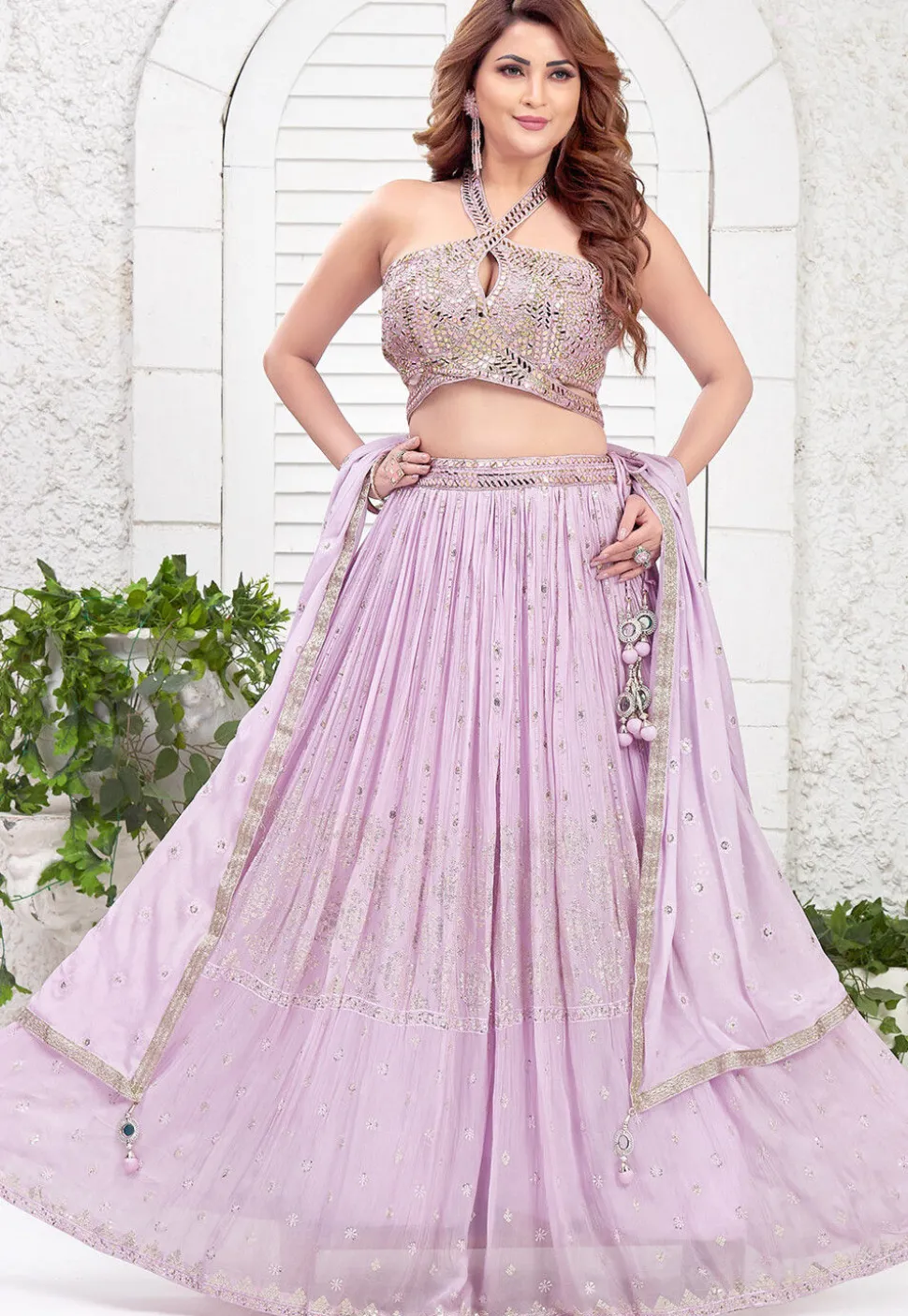 Embroidered Chinon Chiffon Lehenga in Purple